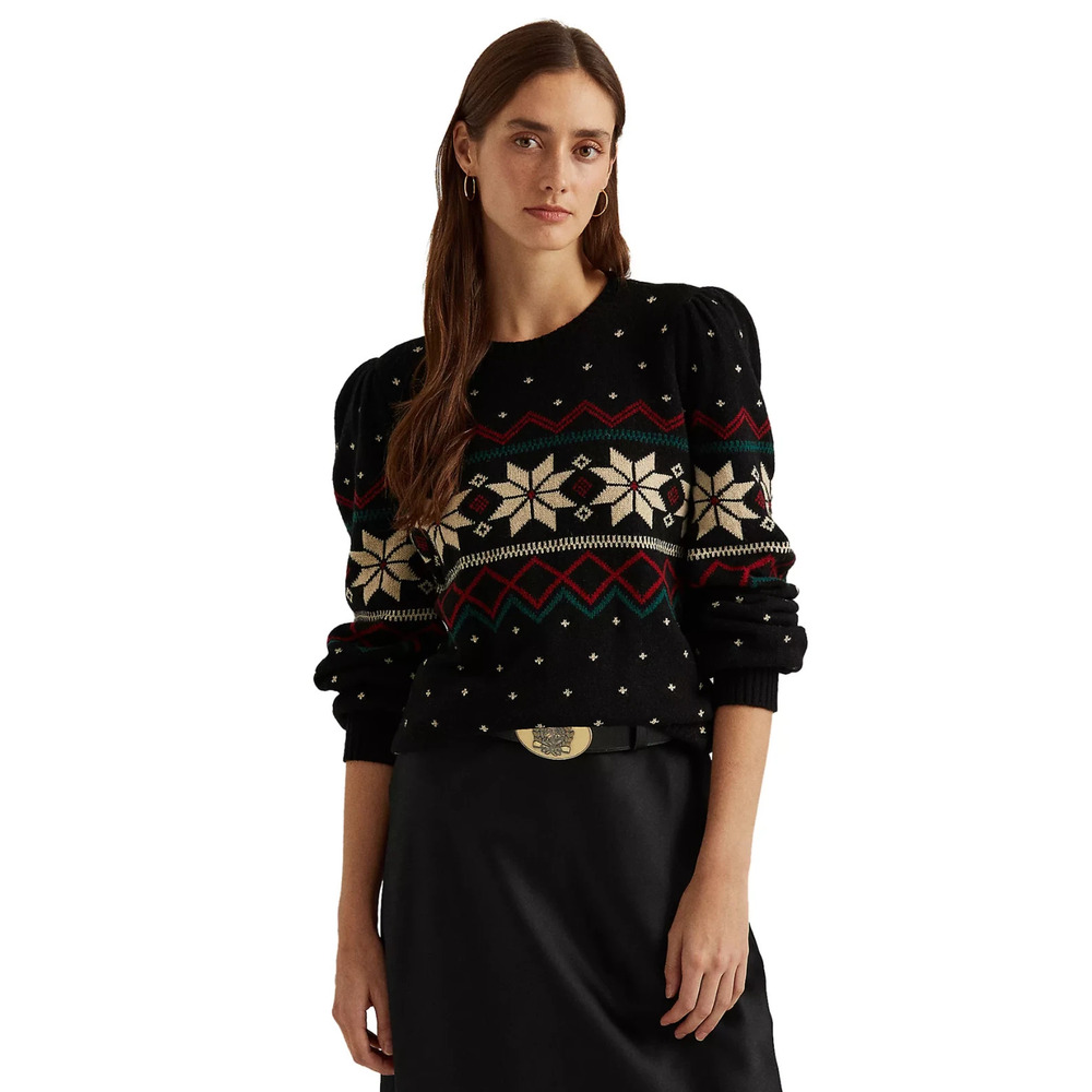 Ralph Lauren Fair Isle Puff Sleeve Sweater Wintry Snowflake Wool Mix Size Small - Picture 3 of 16